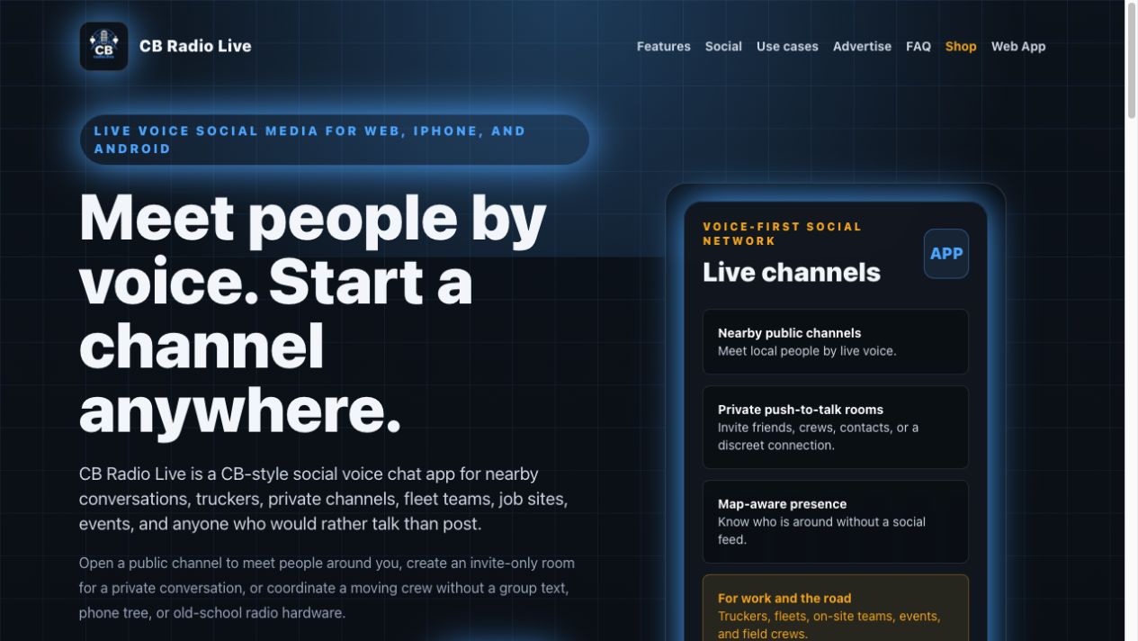CB Radio Live application interface with live channels and push-to-talk controls